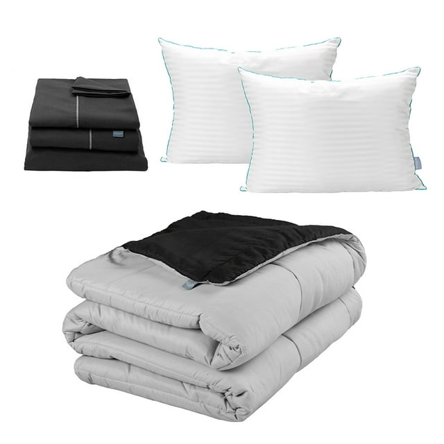 Edredón Dos vistas Queen Size Rogga Negro - Gris Perla + Sábanas Royal + Almohada Royal Twin