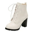 thumbnail image 4 of Womens High Heels Combat Boots 2025 Fashion White Leather Pointed Toe Chunky Block Heeled Mid Calf Short Dress Ankle Booties White Size 10.5, 4 of 8