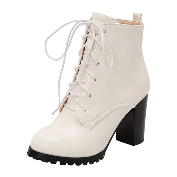 YLYL Women's Ankle Boots Lace up Round Toe Platform Chunky High Heel Fall Winter Combat Boots