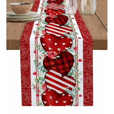 

Table Runner Dresser Scarves 48 Inch Long Valentine s Day Love Heart Leaf Linen Dining Table Runners Rose Flower Texture Red White Tabletop Scarf for Wedding Holiday Party Kitchen