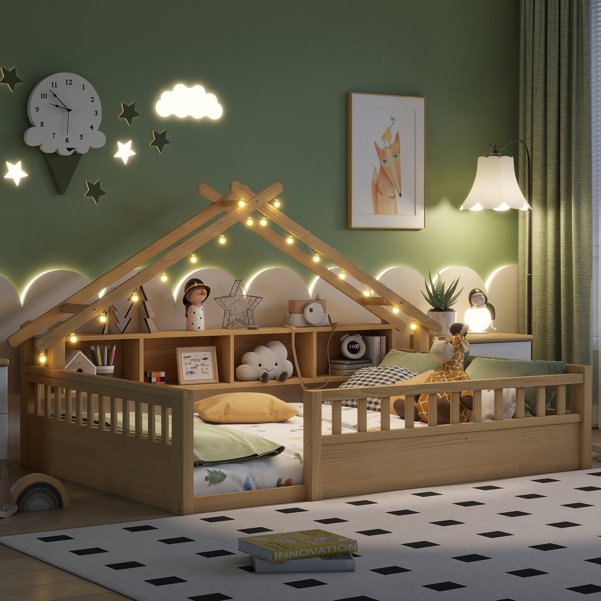 Mirightone Full Size Montessori Floor Bed with LED Light, Storage Bookcase & Safety Rail, Solid Pine Wood  House Floor Bed, No Box Spring Needed (Natural)