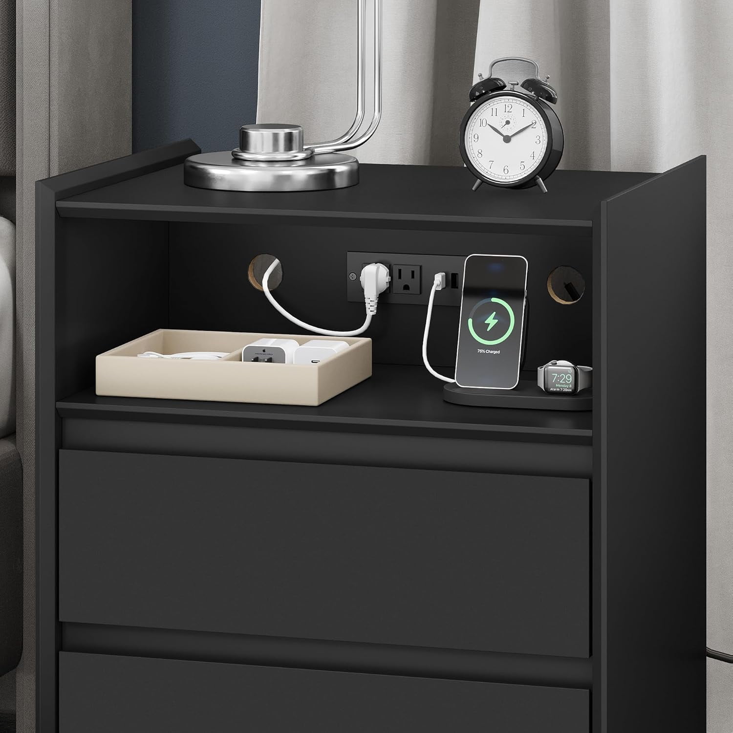 2 Drawers Black Nightstand with Charging Station, 24" Tall Bedside Table End Table for Bedroom or Living Room