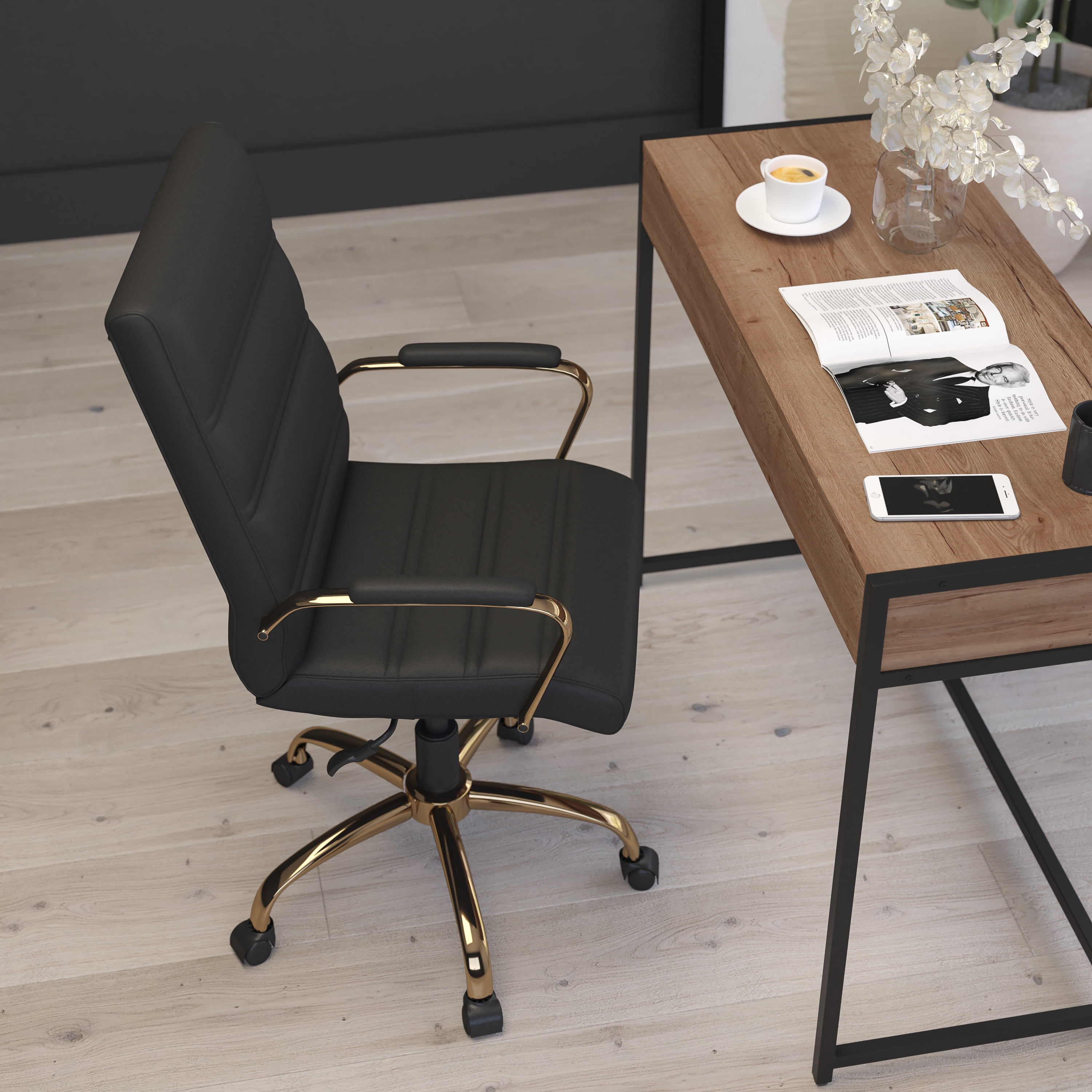 Merrick Lane Contemporary Mid-Back Black Faux Leather Home Office Chair with Padded Gold Arms