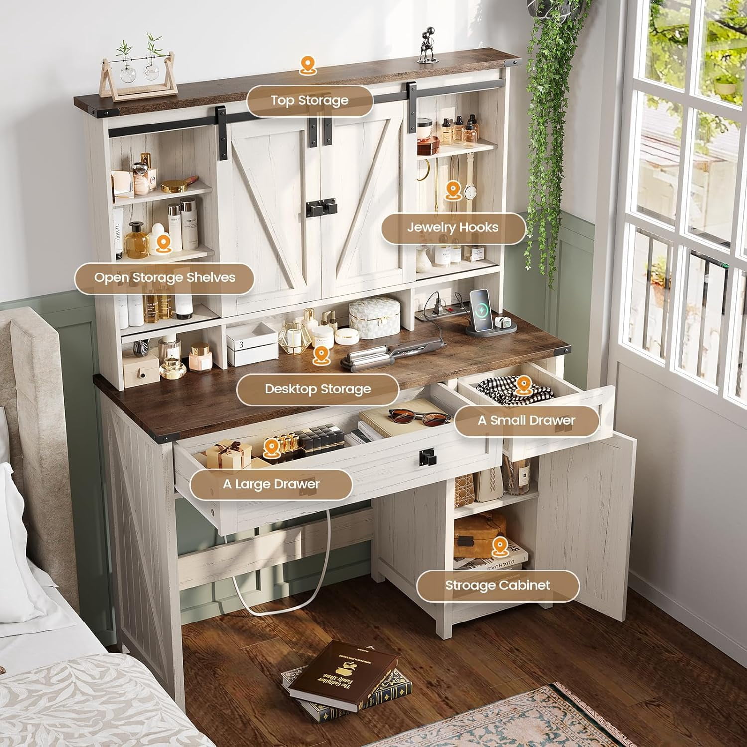 Aogllati Farmhouse White Vanity Table with Lights, Mirror, and Storage