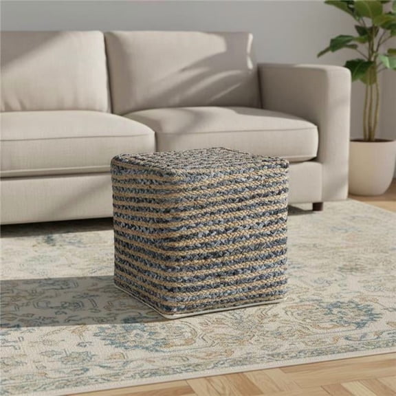 HomeRoots 710415 18 in. Beige & Blue Cotton & Jute Striped Pouf Ottoman