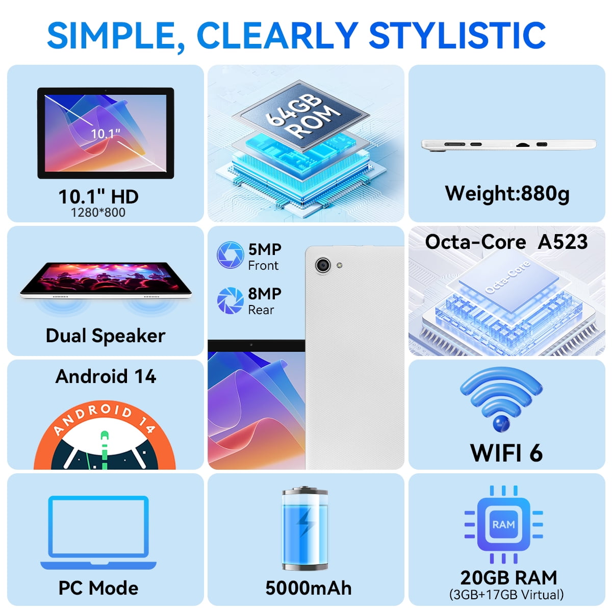 AEEZO 10.1 Inch Tablet Set with Keyboard Set,20GB RAM+ 64GB ROM/1TB Expandable,Octa-Core 2.4 GHz,5MP + 8MP, 5000mAh, White