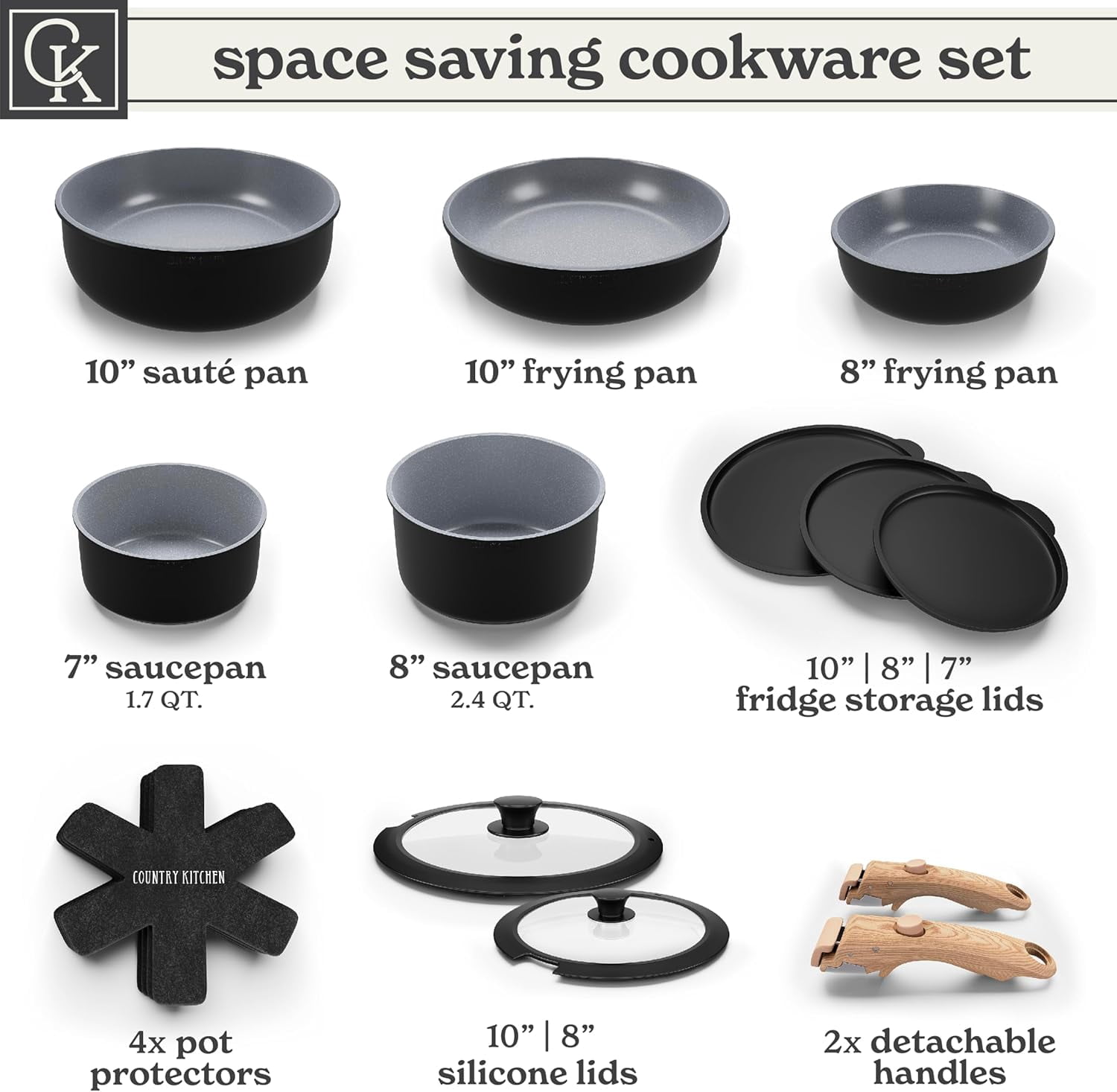 Country Kitchen Pots and Pans Cookware Set, 16-Piece, Ceramic Coated, Removable Handle, Black/Grey