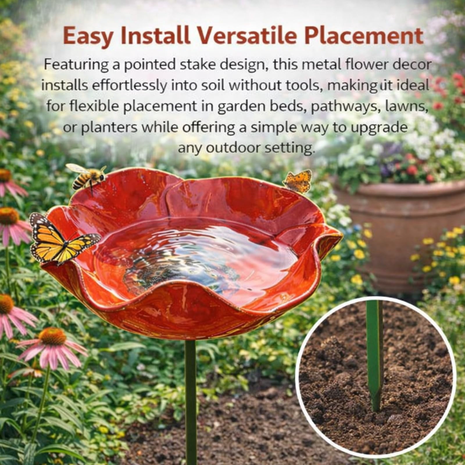 2026 New Metal Flower Garden Stakes Bird Bath,Upgraded Handmade Metal Flower Garden Stake with Bee Bath & Bird Water Bowl,Weather-Resistant Pollinator＆Mini Bird Bath