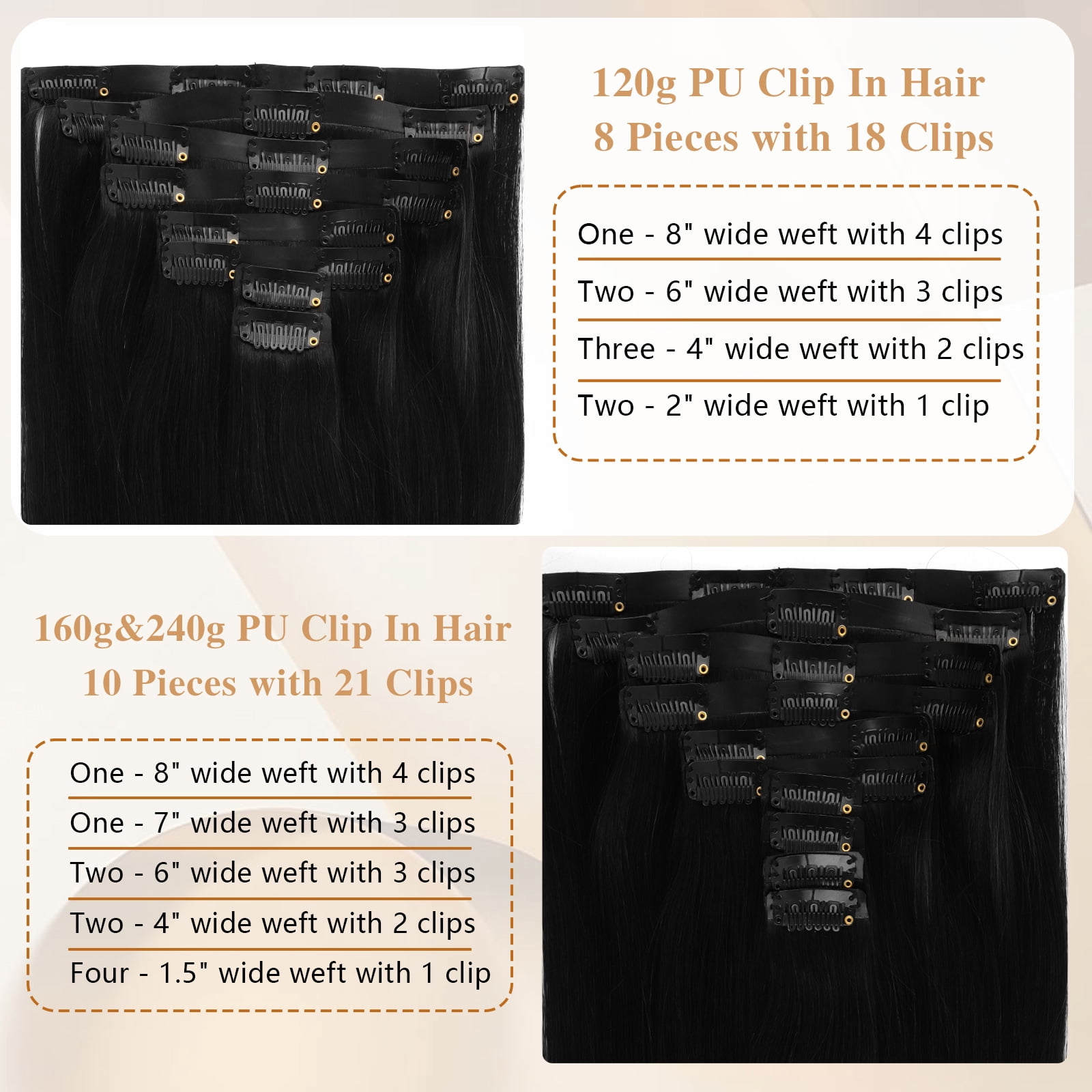 PU Clip In Hair Extensions 1# 120g 14inch