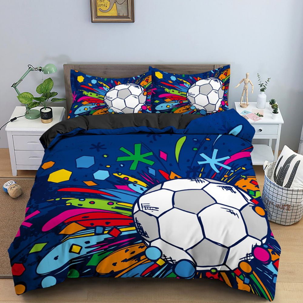 Sports Duvet Cover Set, Soccer Ball on Fire and Water Flame Splashing Thunder Strike Abstract