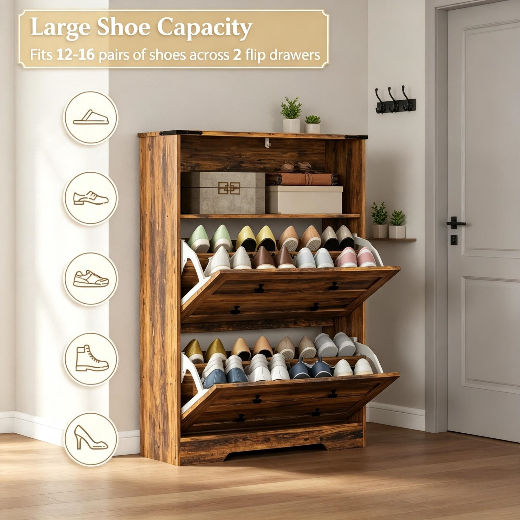Narrow Shoe Storage Cabinet, 2 Flip Drawers Design, Space-Saving Shoe Rack, Rustic Brown