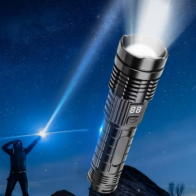 Linterna telescópica de luz blanca y amarilla, luz fuerte, con batería, pantalla, carga USB, linterna de larga duración, fuente de luz con zoom