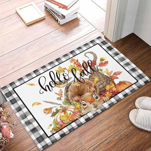 Doormat Indoor Home Decor Door Mat Hello Fall Squirrel Floor Rugs for Kitchen Bathroom Black Plaid Pumpkins Thanksgiving Funny Welcome Mat 17x30 Inch.