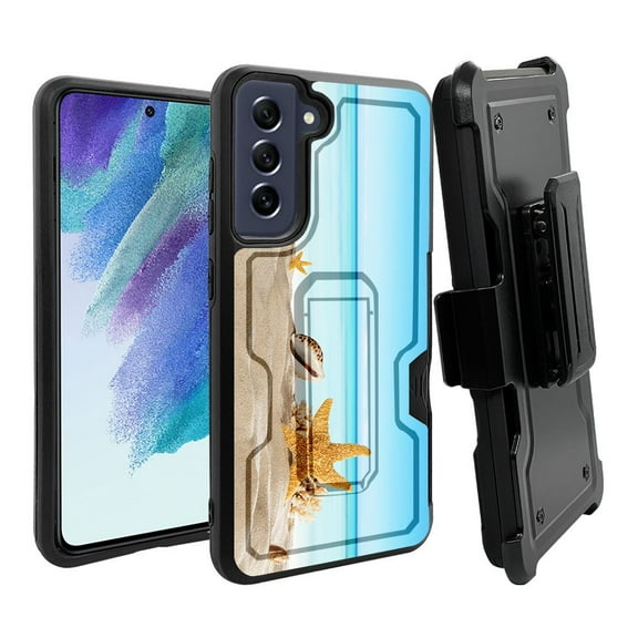 ANJ  Rugged Dual Layer Shockproof Holster Case w/Card Slot   Tempered Glass Cover for Samsung Galaxy S21 FE 5G - Summer Beach