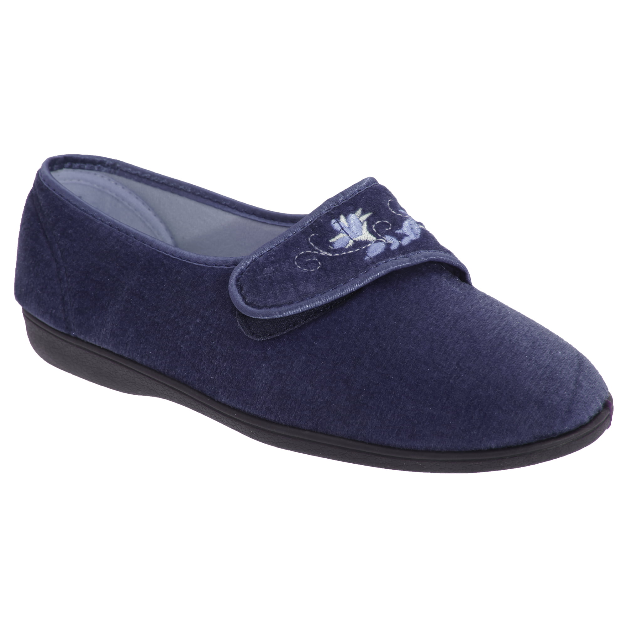 Sleepers JOLENE Touch Fastening Embroidered Slippers Navy Blue Velour 