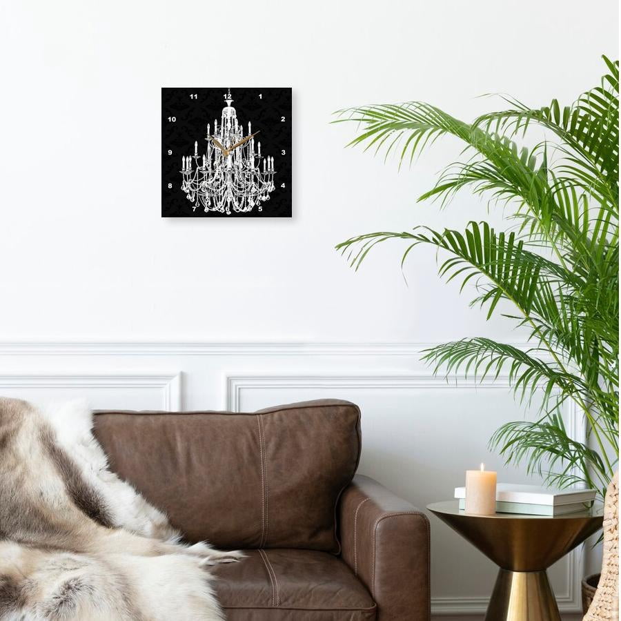 3dRose, Chic White Chandelier with Black damask, 13x13 Wall Clock