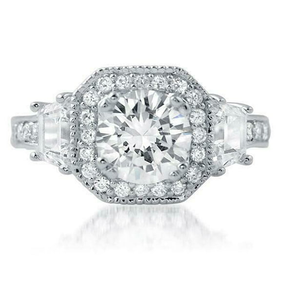 HeartsAndYou 2.5ct Round Cut Moissanite Engagement Ring for Women Milgrain Halo Design 18k White Gold over Silver