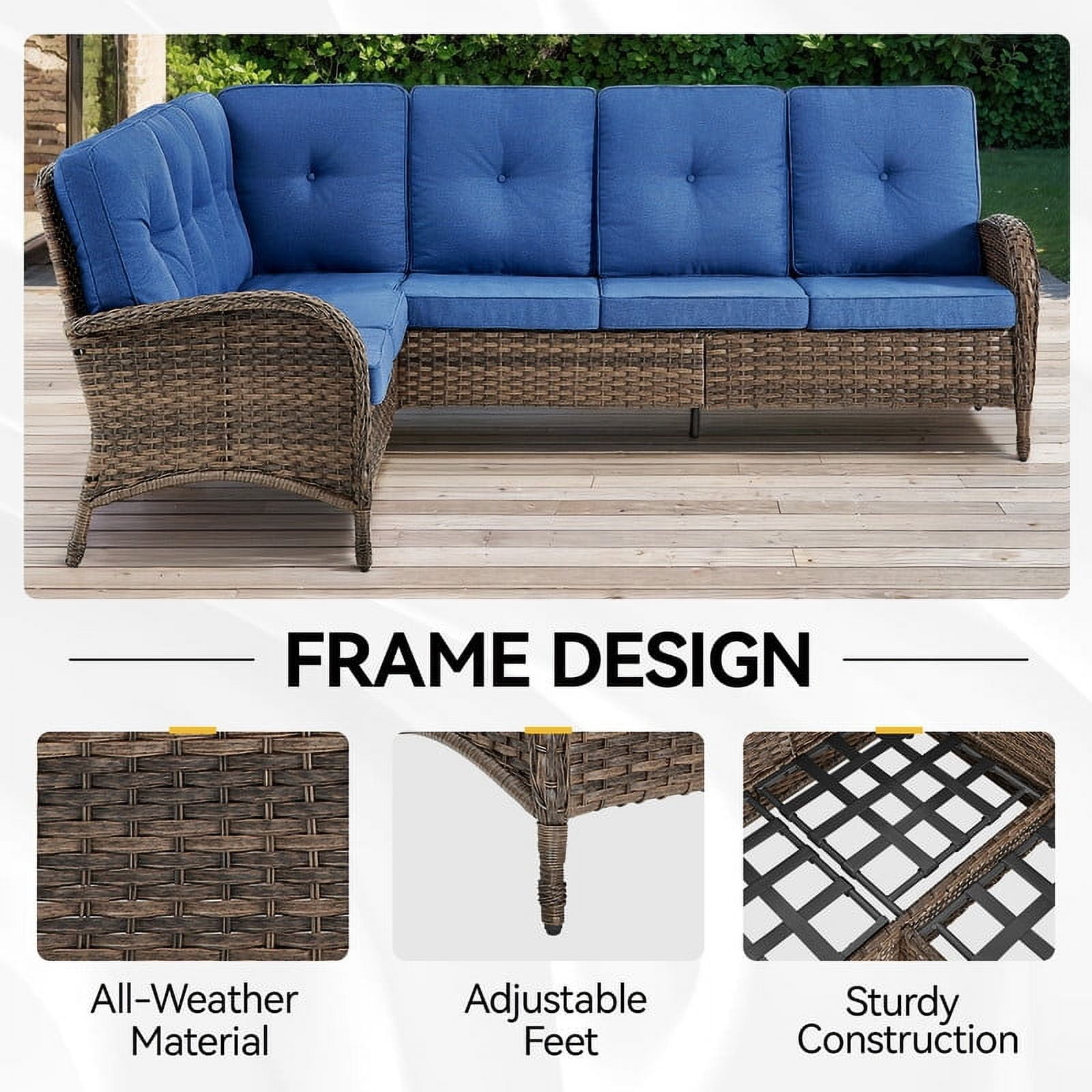 PARKWELL Outdoor Sectional Sofa Furniture Set,Patio Wicker L Shaped Couch High Back Conversation Set with Ottomans for Garden Yard,Brown Wicker Navy Cushion