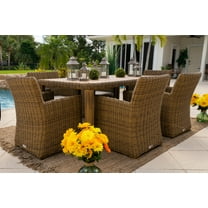 Malmo 7-Piece Resin Wicker Outdoor Patio Furniture Dining Table Set In Natural w/ Dining Table and Six Cushioned Chairs (Full-Round Natural Wicker, Sunbrella Canvas Charcoal)