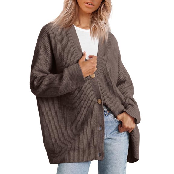 Baqcunre Women's Simple Long Sleeve Button Solid Color Casual Cardigan Sweater Long Cardigans for Women Trendy Cardigan Sweaters for Women Long Sweaters for Women,Womens Sweaters Coffee L