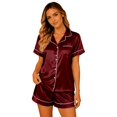 thumbnail image 2 of Cozy Couple Pajamas Set Short Sleeve Collar Button Down Tops with Side Slit Short Pants Sleepwear for Women Wine,XL, 2 of 7