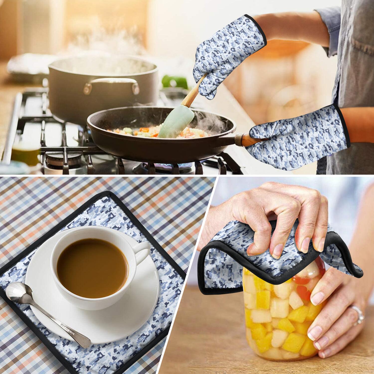 Camouflage Oven Mitts and Pot Holders Set Of 4, Heat Resistant Kitchen Gloves with Non-Slip Grip, Hanging Loop, Soft Cotton Lining for Baking, Cooking, Grilling, Barbecue