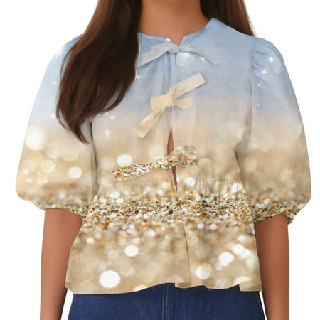 ameIAEA Womens Lace Up Front Tops Summer Puff Sleeve Cute Blouses Print Babydoll Shirts 2024