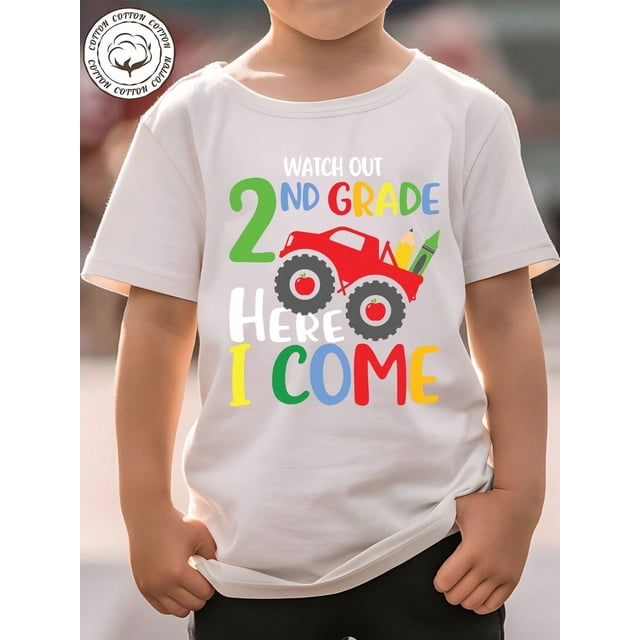 Boys' 2nd Grade Monster Truck Graphic T-Shirt – Lightweight, Comfortable Crew-Neck Short Sleeve Tee For Summer, Casual Back-To-School Style With &Quot;Watch Out I'm Here&Quot; Print
