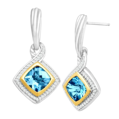 Duet 3 1/3 ct Natural Swiss Blue Topaz & 1/4 ct Diamond Drop Earrings in Sterling Silver & 14kt Gold