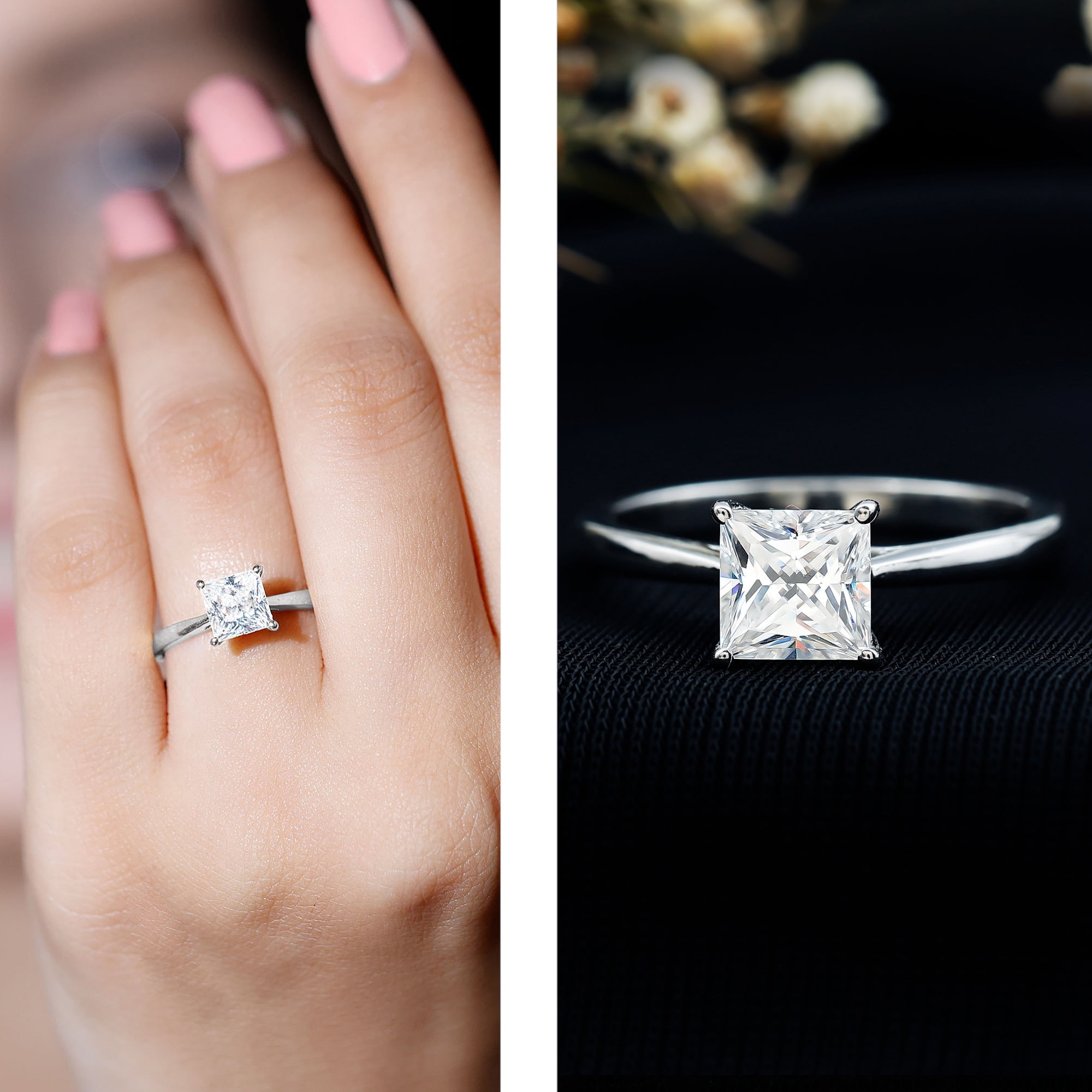 Rosec Jewels Princess Cut Moissanite Solitaire Engagement Ring for Women - 6 mm - 1 Carat Ring - D-VS1 Quality Certified, 14K White Gold, US 10.50