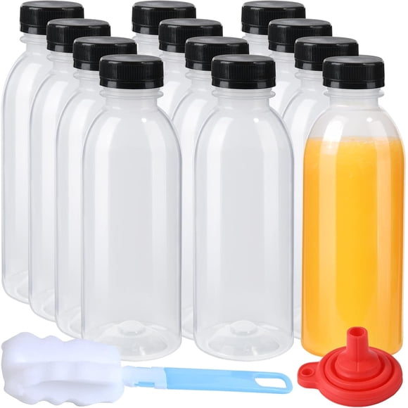 PP Plastic Juice Bottles with Lids Reusable Beverage Containers 15oz 12 Pack