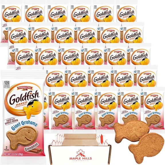Goldfish Giant Grahams Cinnamon Flavor 60 Bulk Pack - 30 Individually Sealed Portion Packs Of 2 Graham s Each - Whole Grain, Baked Graham s - In Protective Box
