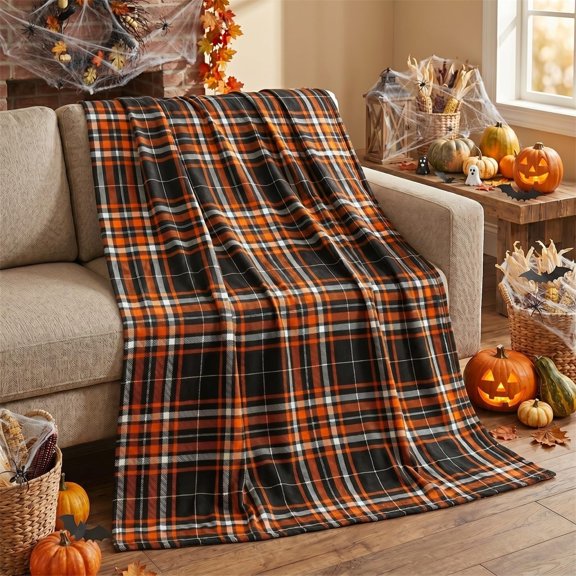 Halloween Plaid Print Flannel Throw Blanket, Soft Cozy Blanket, Warm Plush Throw for Sofa Couch Bed Travel Camping, All Season