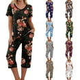 thumbnail image 5 of HYwys Comfy Lounge Sets for Women Short Sleeve V-Neck Tops and Floral Print Wide Leg Pants Loose Capri Pajama Set, 5 of 5