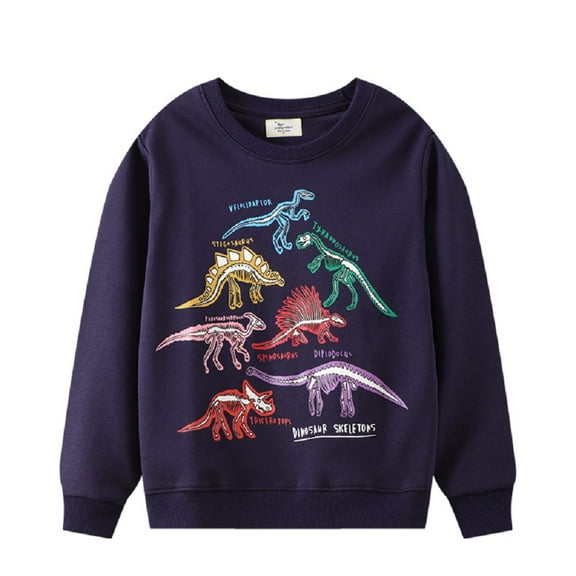 Godderr Toddler Kids Boys Dinosaur Sweatshirt baby Cartoon print Crew neck navy blue Fall Sweatsuit for 2-7 years old Tops
