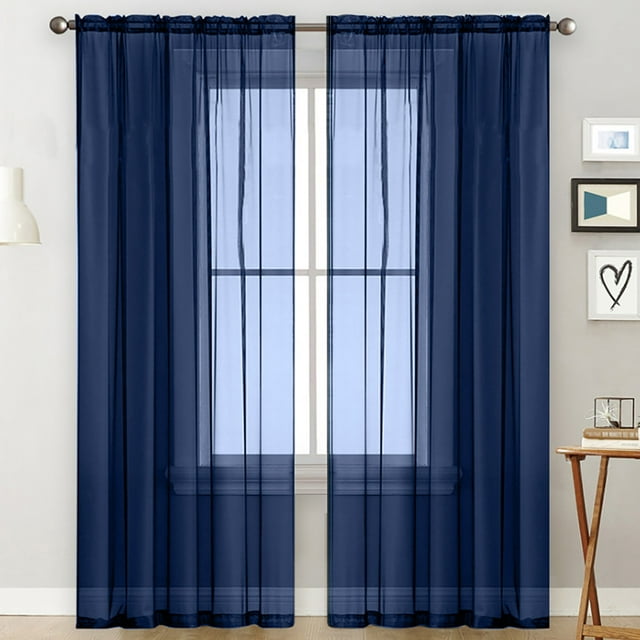 MAWCLOS Rideau de Fenêtre 2 Panneaux Rideaux Transparent Long Voile Transparent Poche pour Tringle Uni Blanc Habillages Basique Plusieurs Tailles Bleu Marine 2 Pcs-L : 28 Pouces x H : 71 Pouces