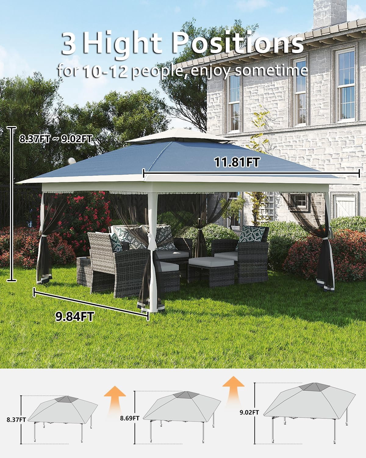 Roromall 12x12 Canopy Tent, Pop Up Canopy Gazebo with Mosquito Netting, Outdoor Gazebo with 4 Sandbags & Wheeled Bag, for Backyard & Patio Furniture, Patio, Deck