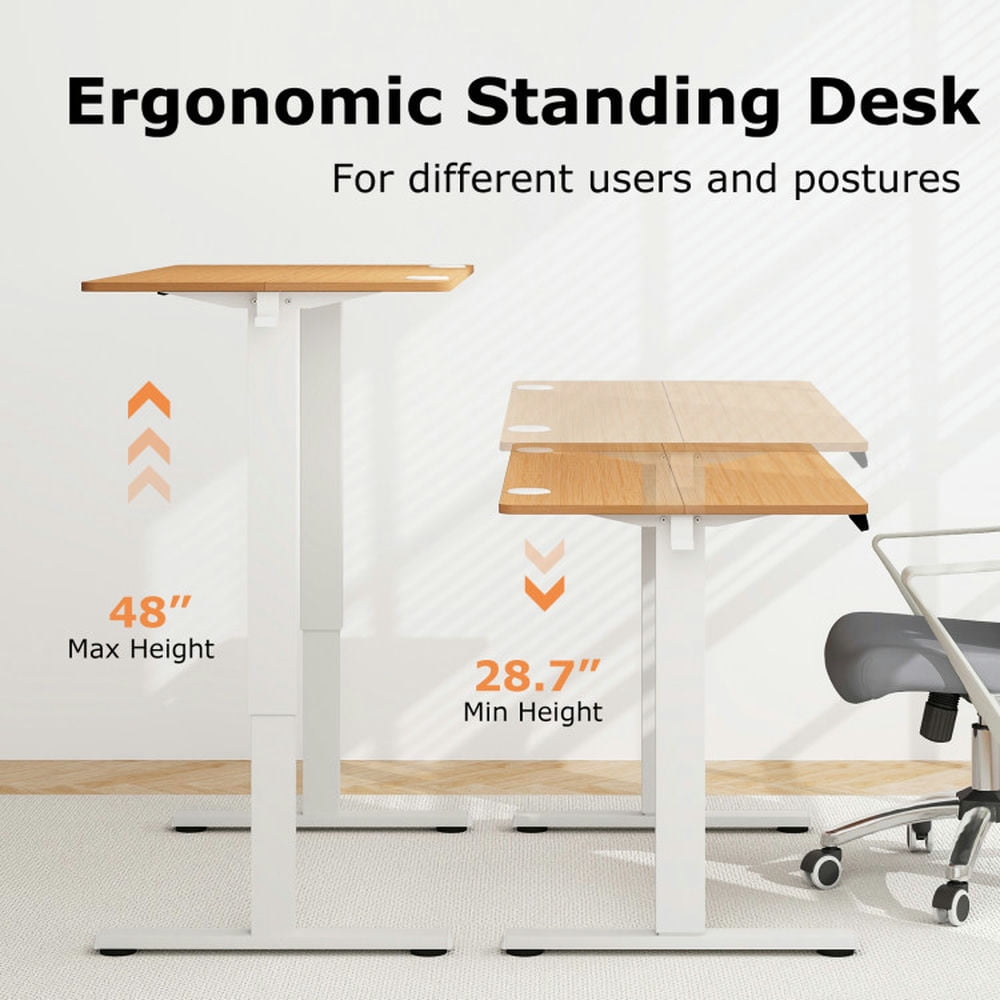 Demi Bonn Electric Standing Desk with 3 Memory Height Settings and 2 Hanging Hooks and Cable Management, Small Home Office Desk Study Writing Table, Beige
