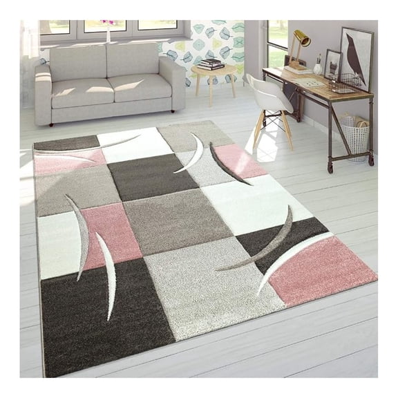Area Rug Pastel Checked in Pink Anthracite/Gray White, Size:2'8" x 4'11"