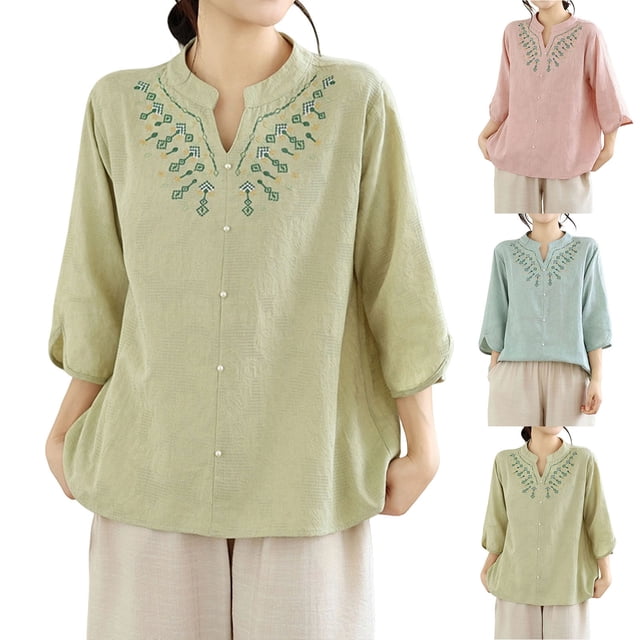 Neewe Womens Embroidery 3/4 Sleeve Tops Cotton Linen Shirts V Neck Lace Casual Loose Fit Blouses Boho Fashion