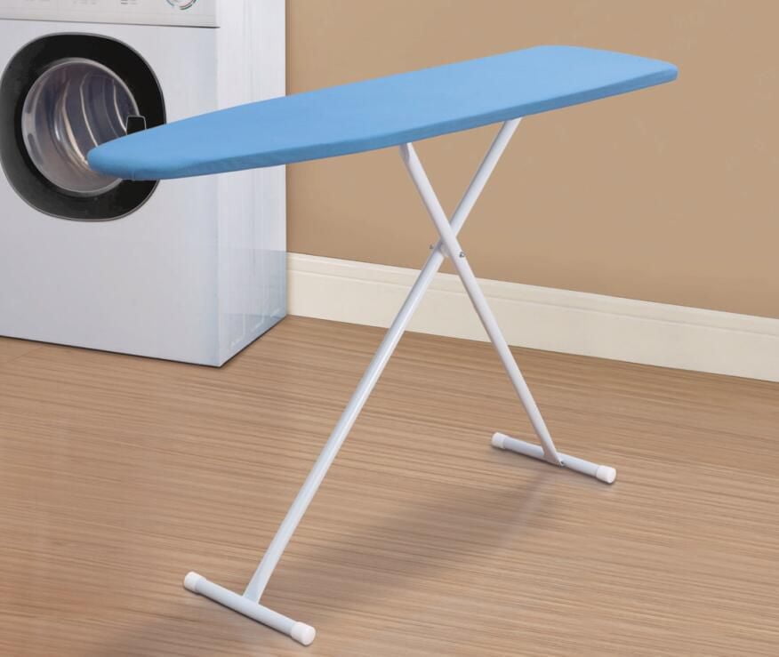 MAINSTAYS T-Leg Ironing Board, Foldable structure for easy storage, T-leg for a stable ironing foundation and easy hanging, Free standing, Product assembled size: 54in. W x 13in.D x 26.8in-35.4in. H/ 137,16 cm x33,02 cm x 68 cm-90 cm; White powder coating and bule fabric cover.