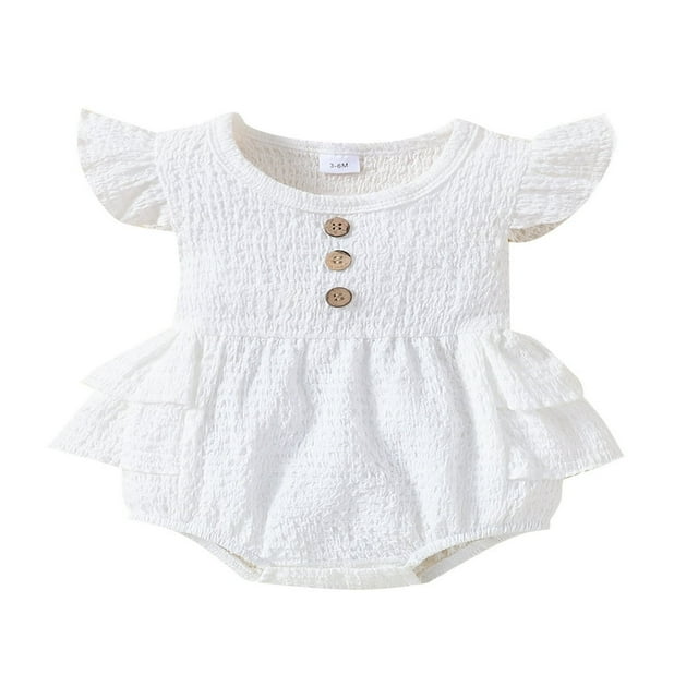 Baby Girls Fly Sleeve Romper Fashion Solid Color Button Neck Ruffle Triangle Jumpsuits