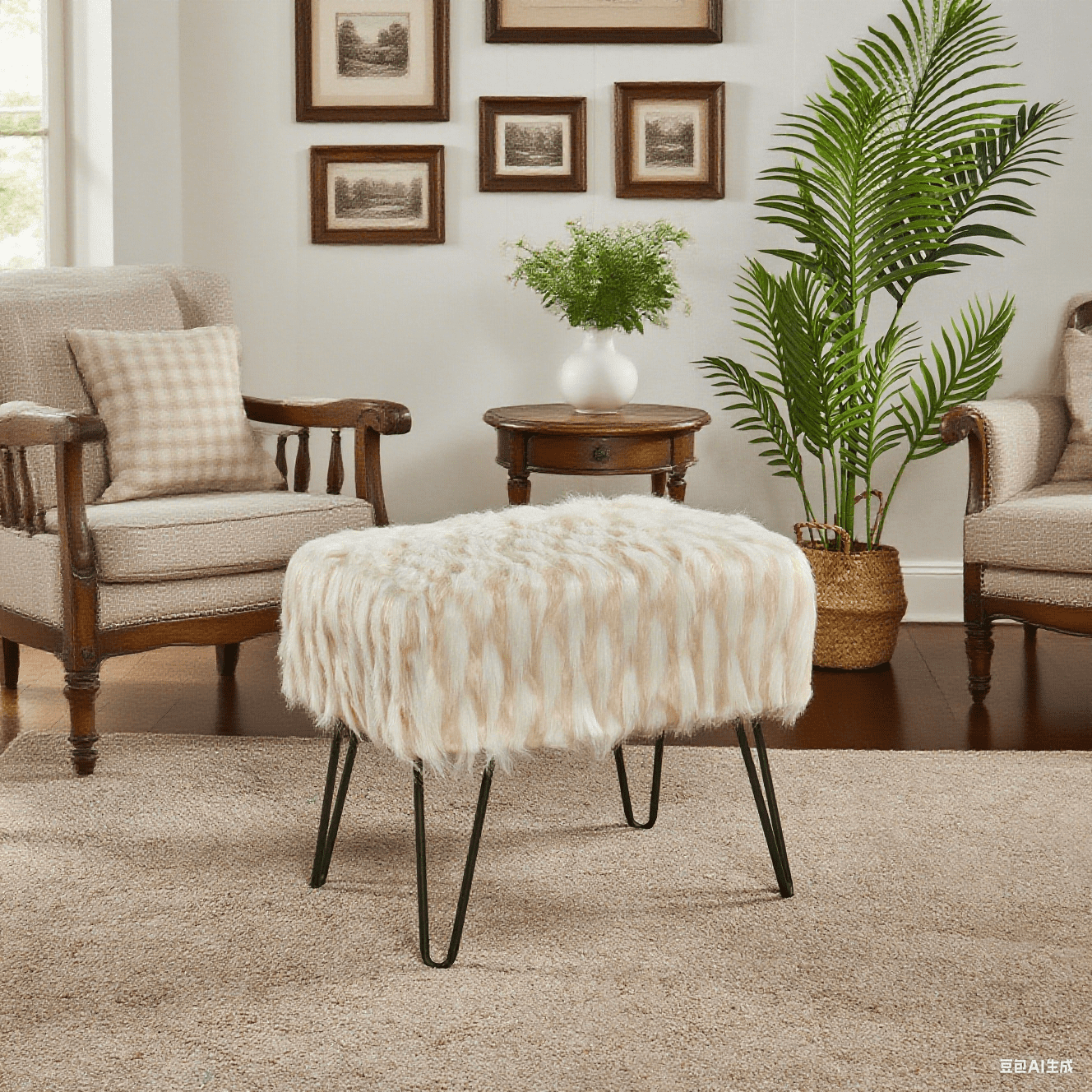 Home Soft Things Feathery Faux Fur Stool Chair Upholstered Footrest Ottoman with Black Metal Legs and Padded Seat, Ivory, 19" x 13" x 17"
