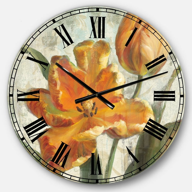 DesignArt Horloge Murale Grande Perroquet Tulipes I sur Ivoire