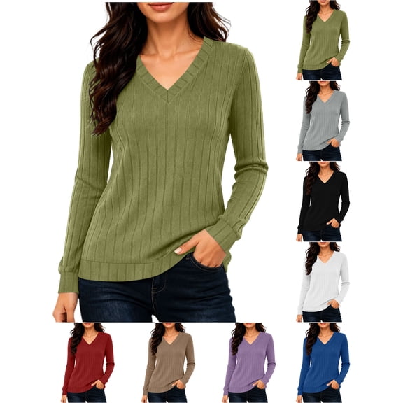 XRoczxe Women's V-neck long-sleeved ribbed knit top, casual solid color lightweight pullover | suitable for everyday commuting and all-day wear.