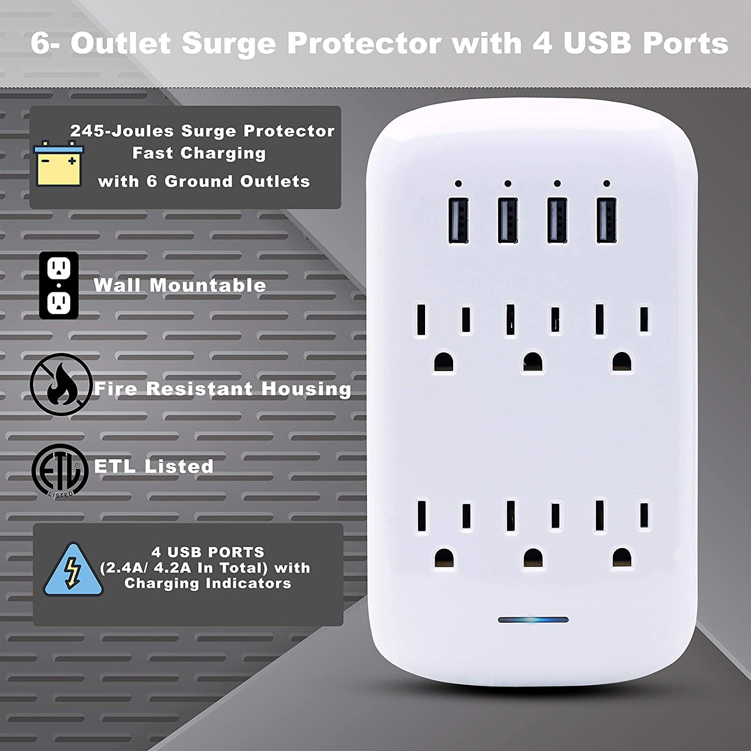 Multi 6 Outlet Wall Adapter, Surge Protector with 4 USB Charging Ports ...
