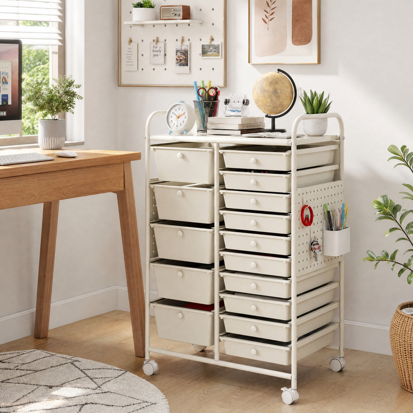 Furnibear 15 Drawer Rolling Storage Cart with Metal Tabletop Pegboard and Locking Wheels for Kitchen Office and Classroom Organizing, White