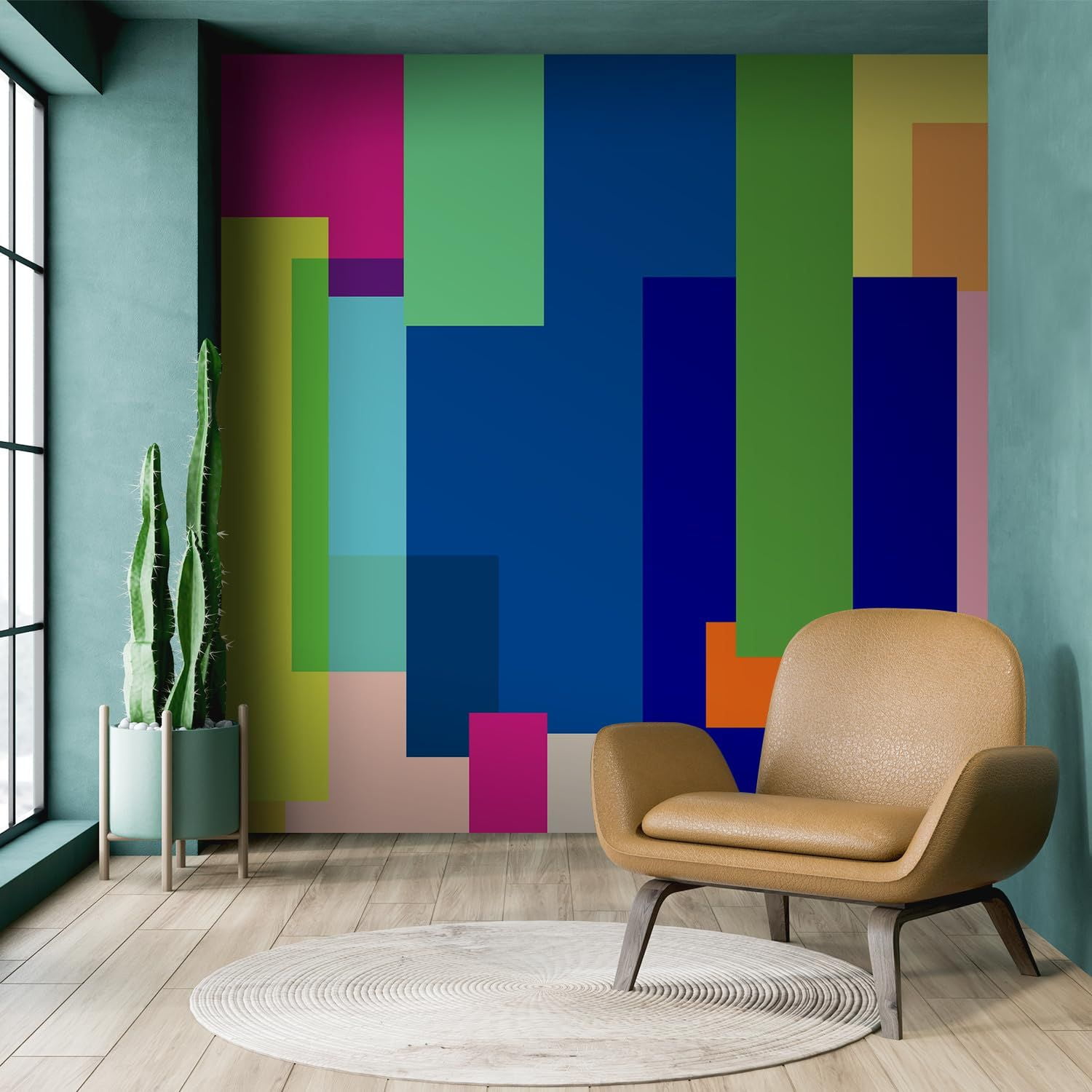 Idea4wall 2pcs Geometric Color Blocks Vibrant Multi-Color Modern Wall Murals, Removable Self-Adhesive Stick Wallpaper Large Wall Stickers for Home Decorative, 48"x132"