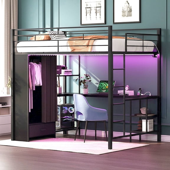 Ktaxon Twin Loft Bed with Wardrobe, Bunk Bed Frame with Desk and LED Light, Black