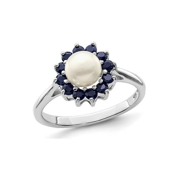 Freshwater Cultured Pearl Ring with Blue Sapphires in Sterling Silver
